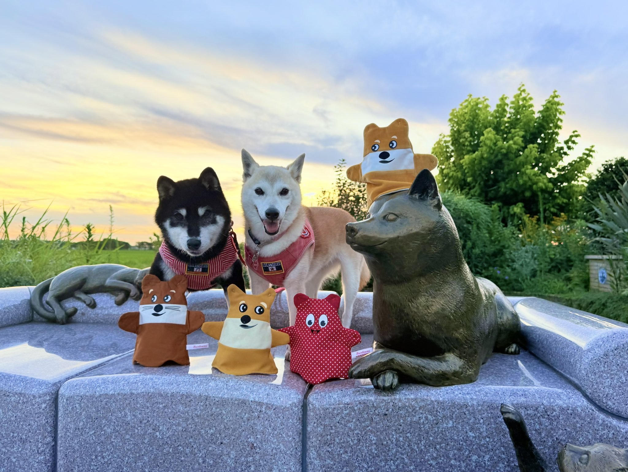Shibu puppets at the Kabosu monument with Neiro and Cocoro